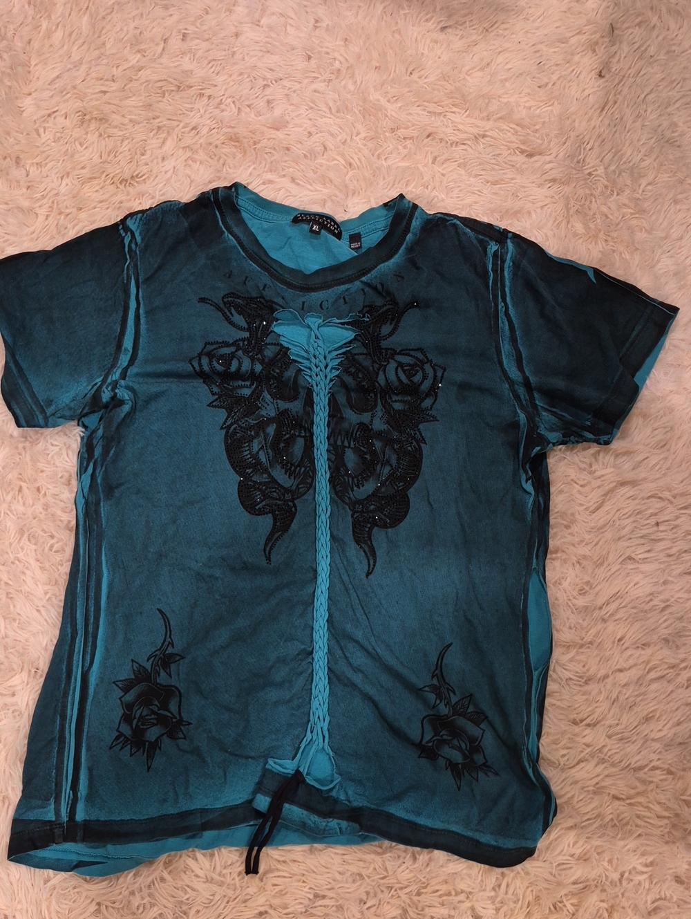 Affliction Teal Blue Short-Sleeve Graphic Tee with Black Floral Design